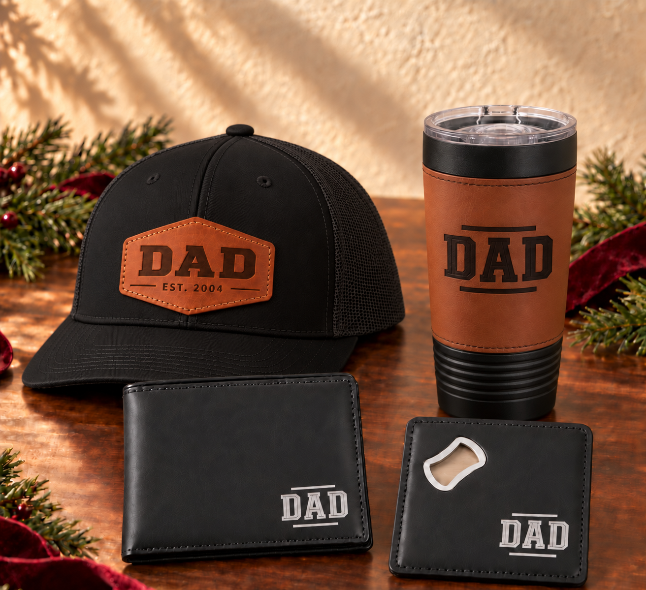 Black Dad gift set with black DAD hex leather patch hat, leather-wrapped coffee mug, black wallet and coaster