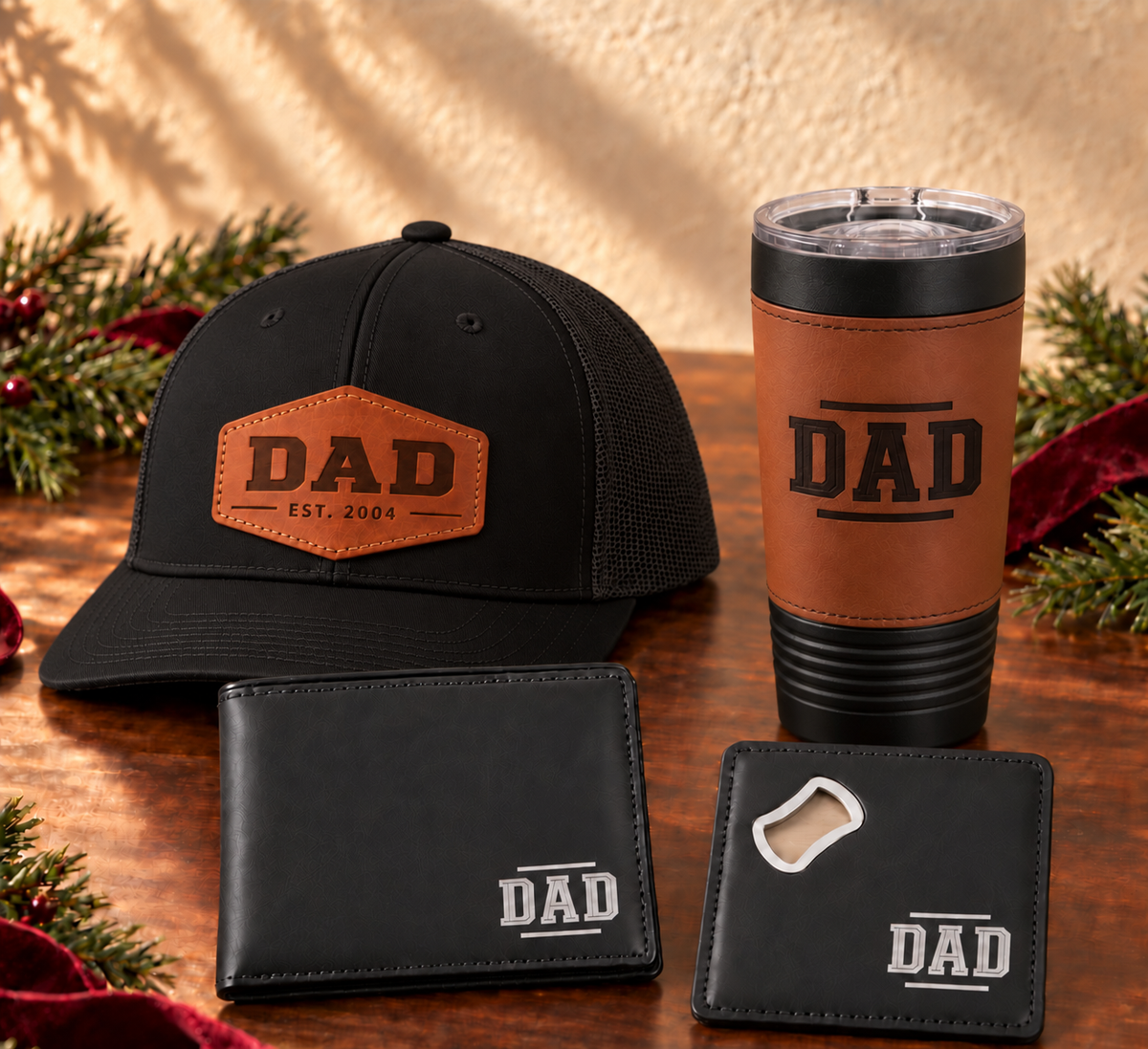 Black Dad gift set with black DAD hex leather patch hat, leather-wrapped coffee mug, black wallet and coaster