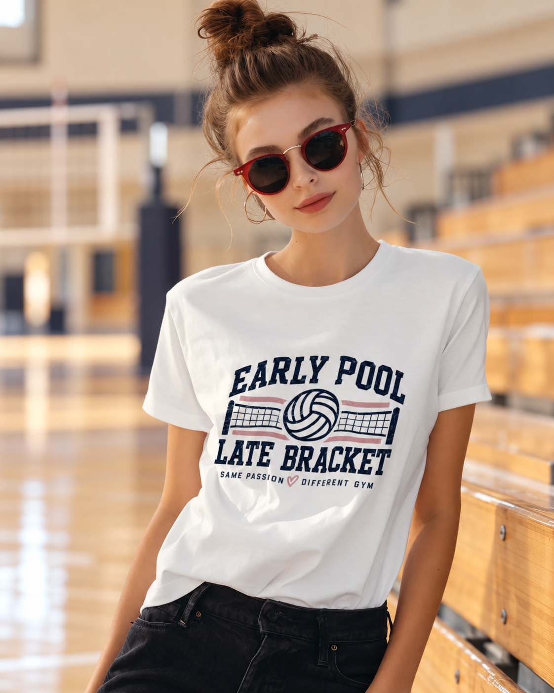 Early Pool • Late Bracket Vintage Volleyball Tee shown in a natural volleyball setting