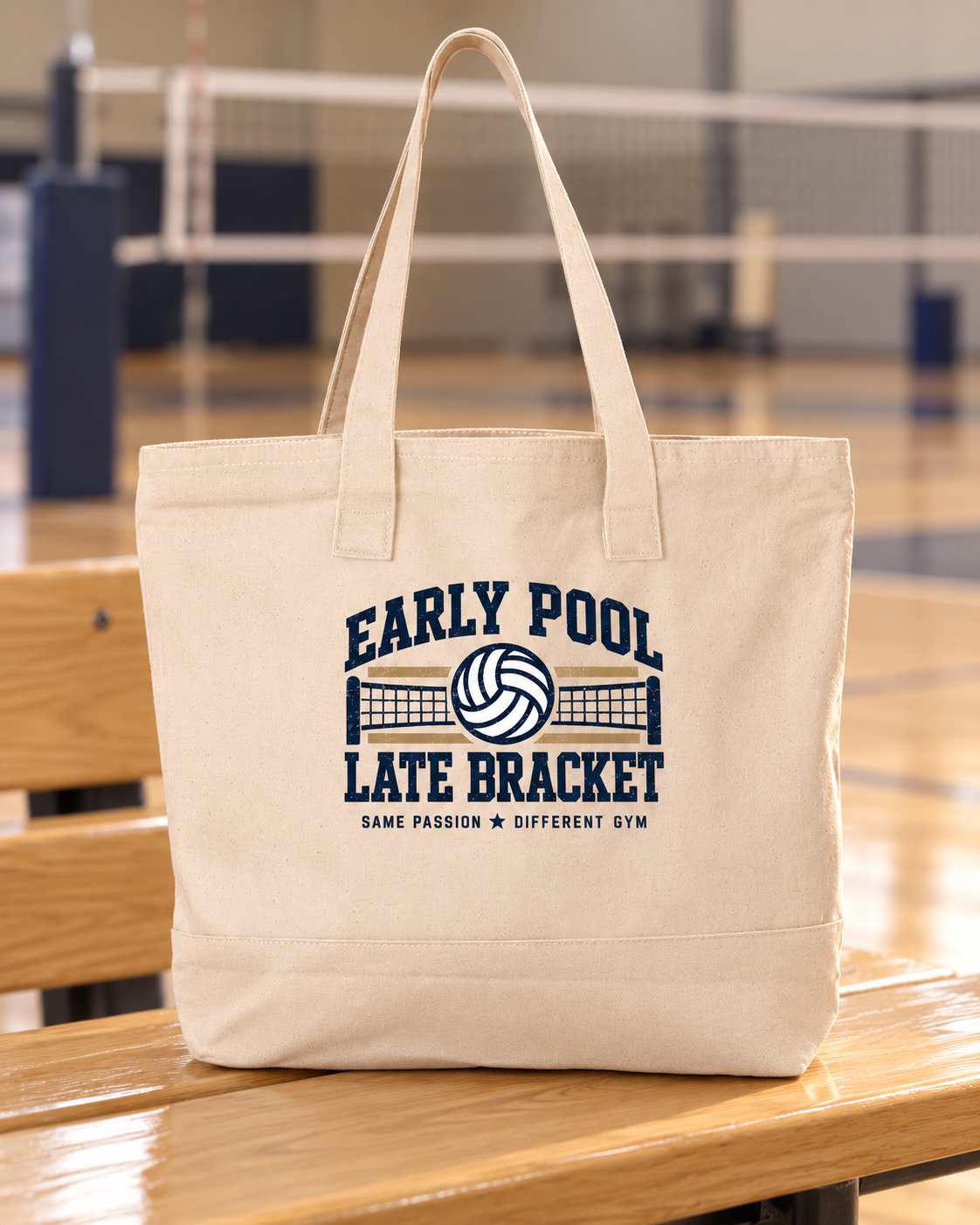 Early Pool • Late Bracket Tournament Tote shown in a natural volleyball setting