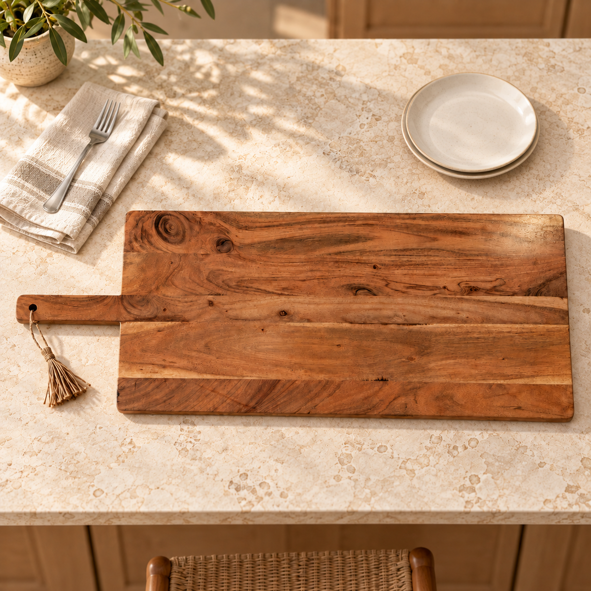 Extra-large 38.5 by 15.5 inch wood grazing board lying flat on a kitchen island beside dinner plates and a fork for scale