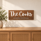 23 by 9 inch personalized walnut family name sign with white The Cooks lettering, wall mounted above a wood console