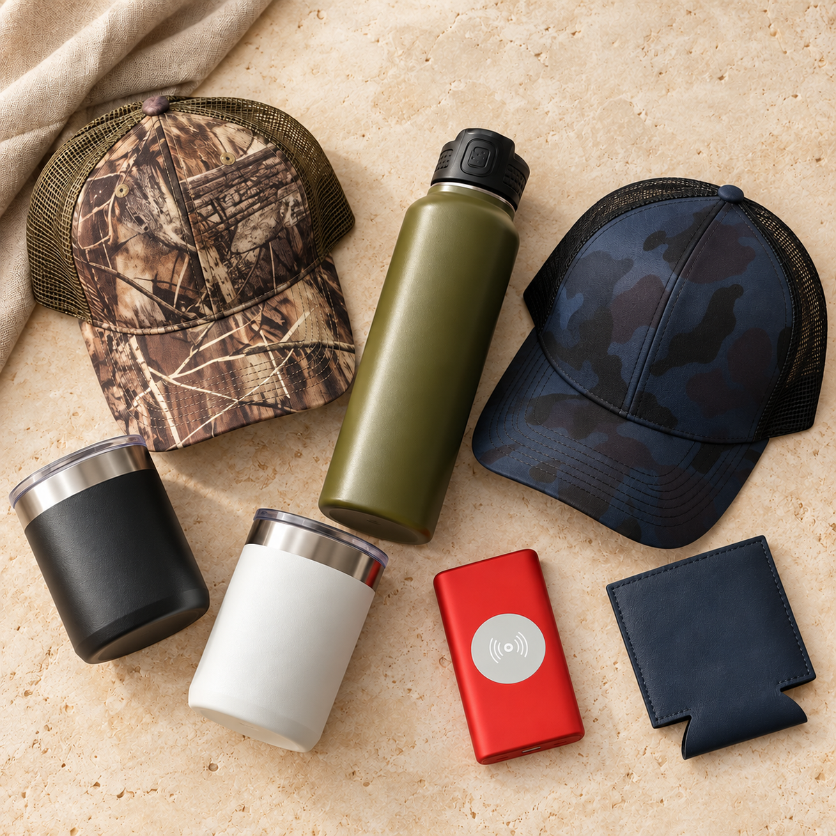 FFA and livestock supporter gift assortment with camouflage hats, drinkware and accessories on a warm cream surface