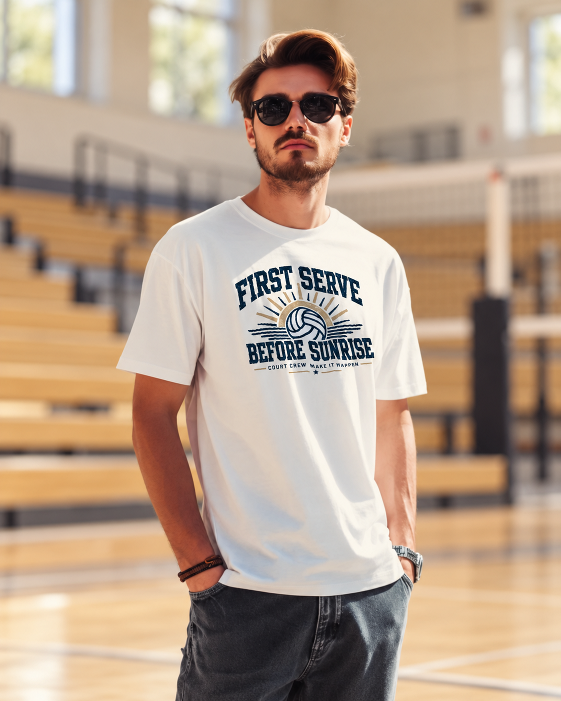 First Serve Before Sunrise Vintage Volleyball Tee shown in a natural volleyball setting