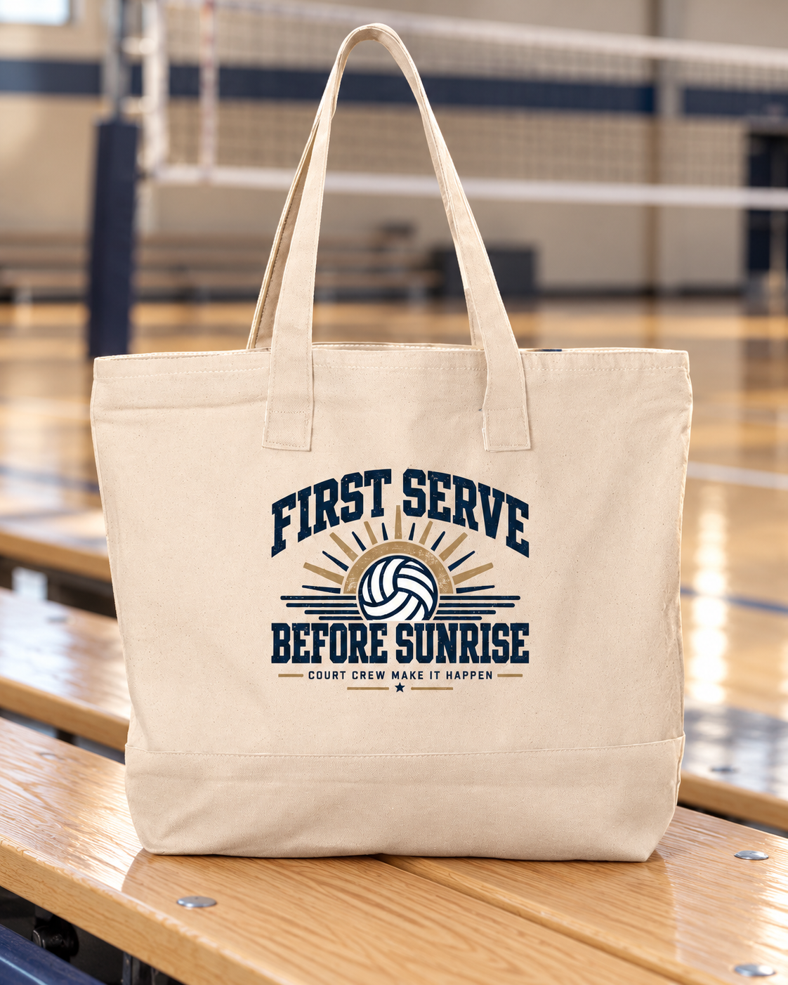 First Serve Before Sunrise Tournament Tote shown in a natural volleyball setting