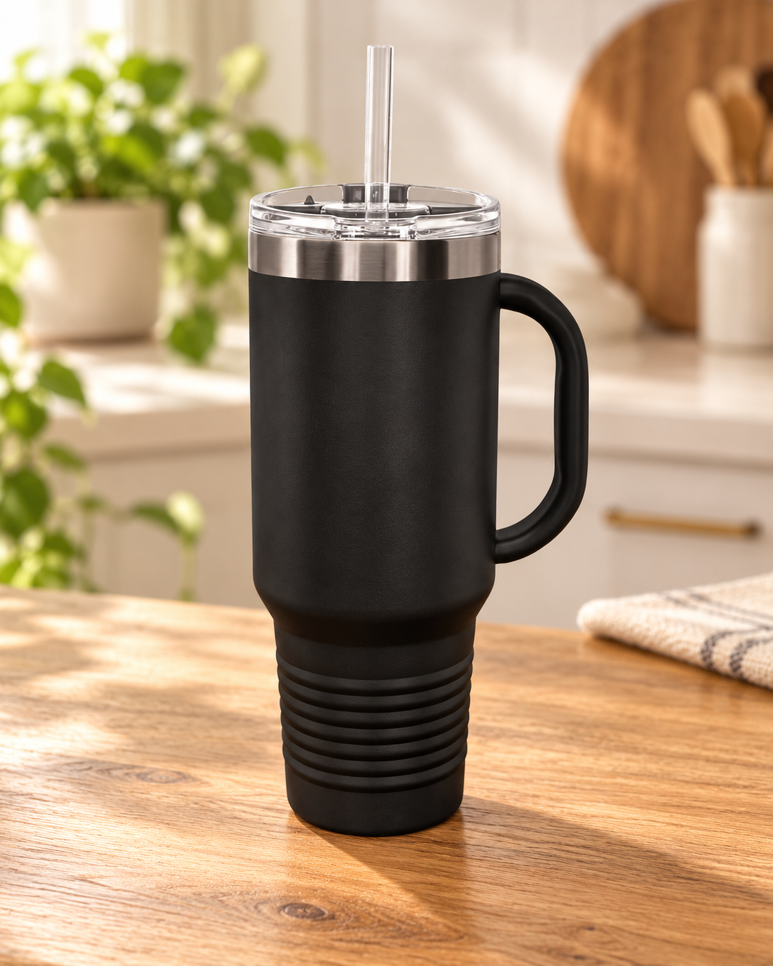 Personalized 40oz Tumbler with Handle - Ghost Black in a warm naturally lit setting