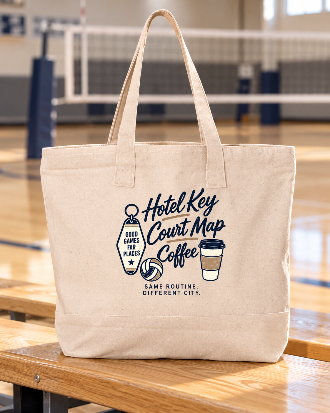 Hotel Key • Court Map • Coffee Tournament Tote shown in a natural volleyball setting