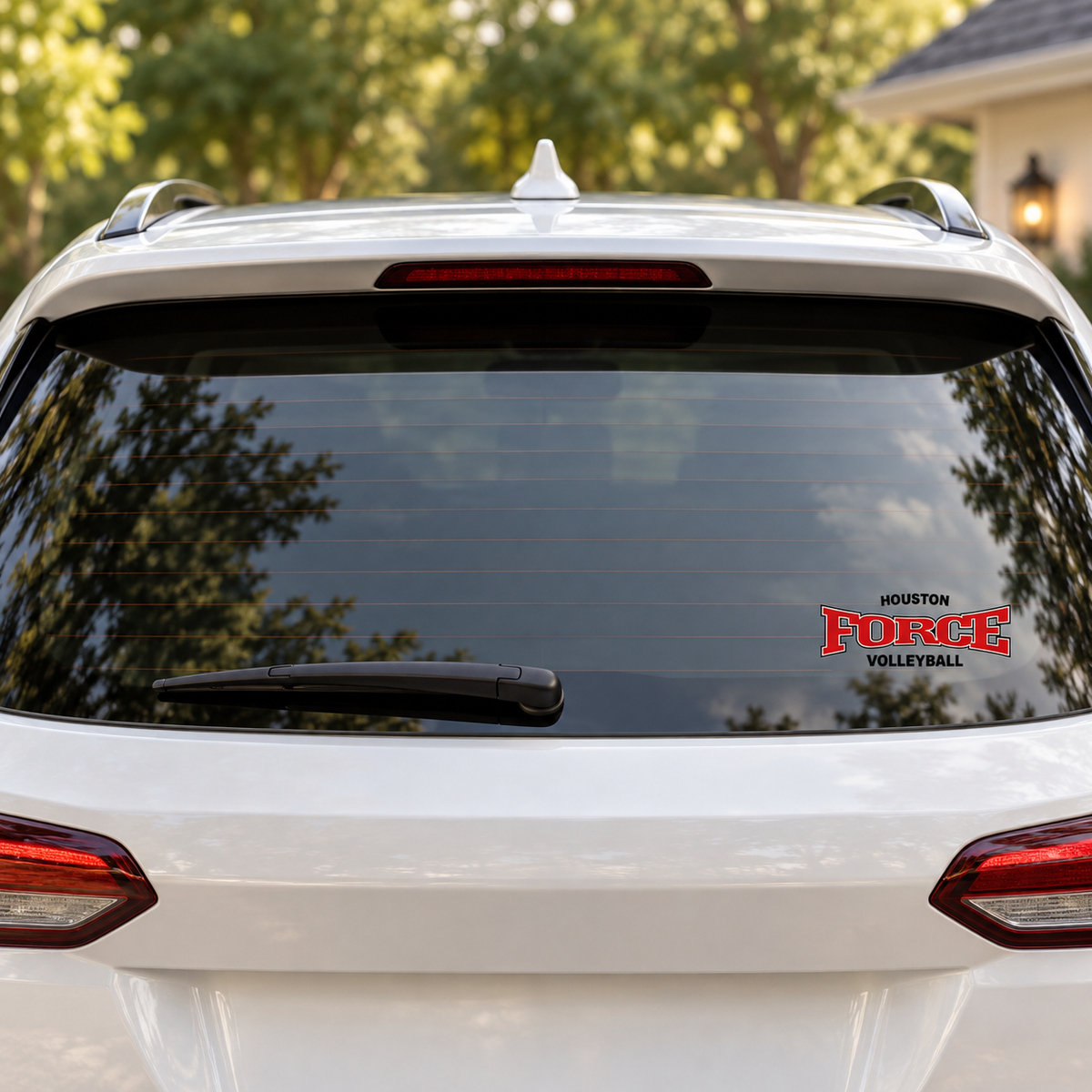 Houston Force Volleyball car decal shown at approximately 7.5 by 2.5 inches on the lower corner of a rear vehicle window