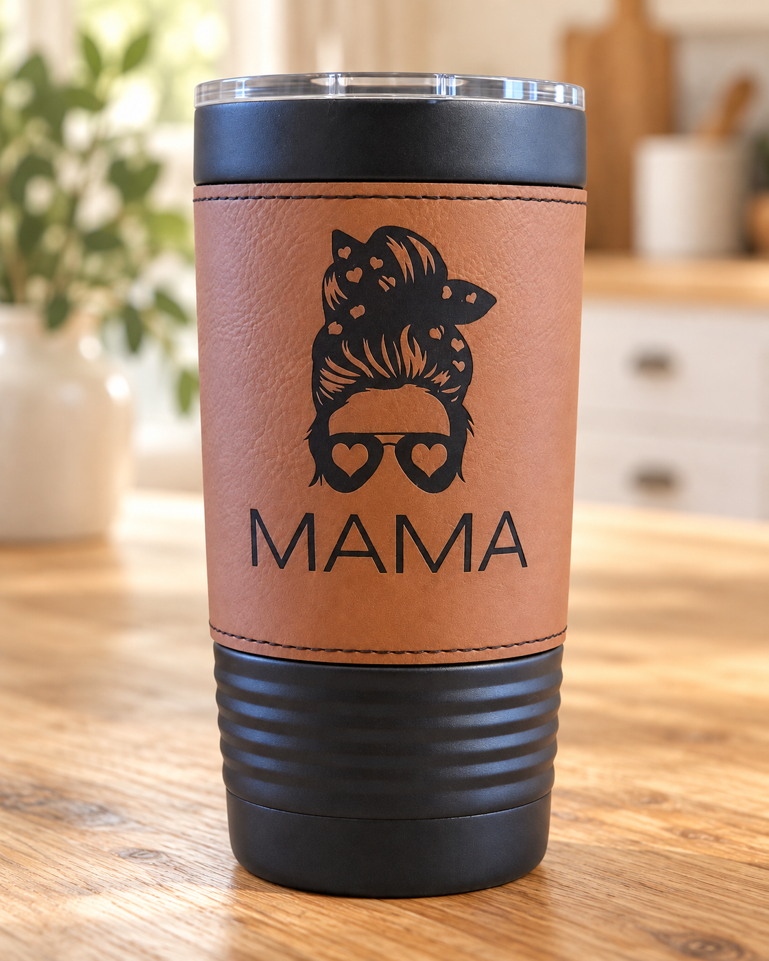 Personalized MAMA leather wrapped coffee mug on a warm kitchen table
