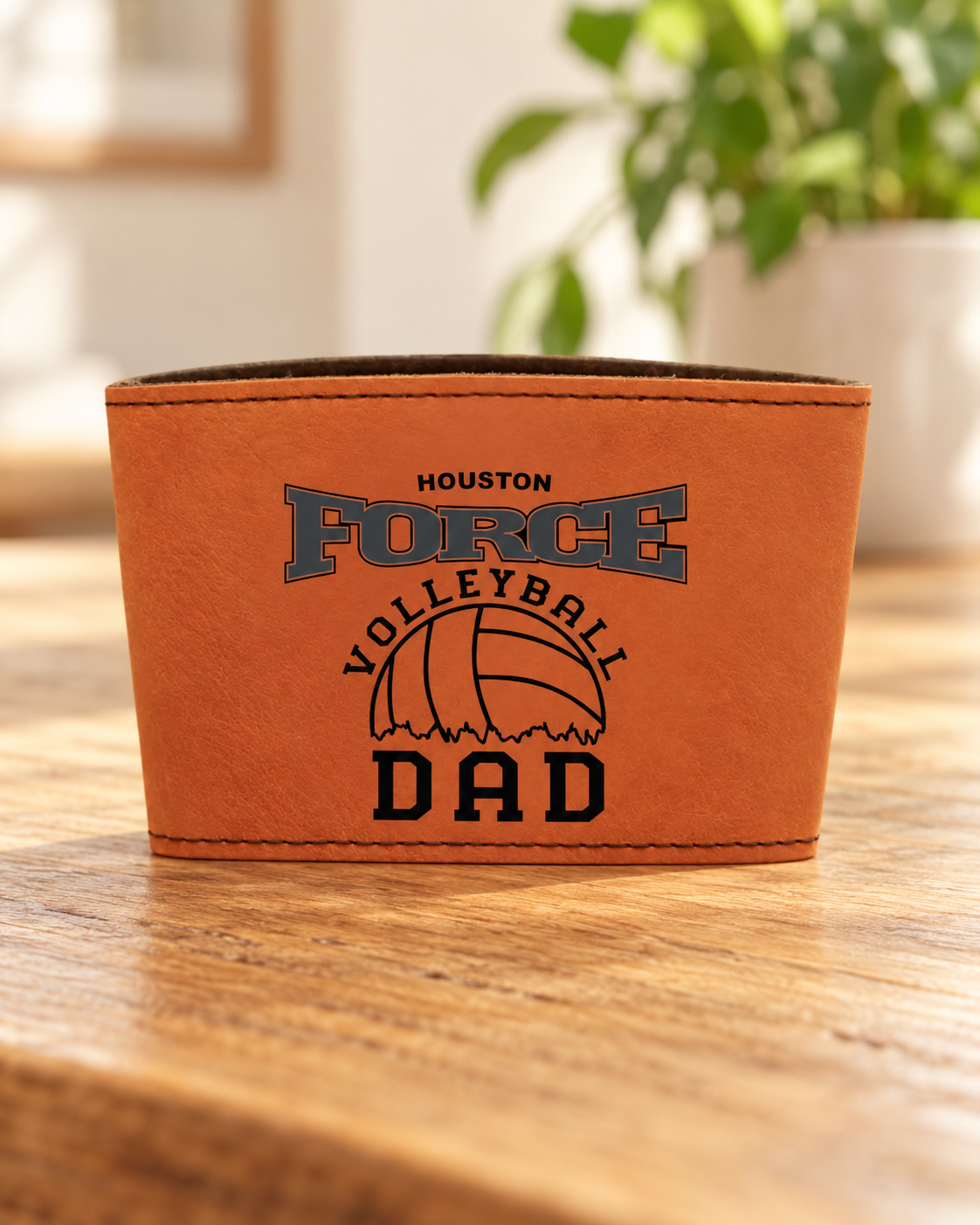 Leather Mug Sleeve in a warm naturally lit setting