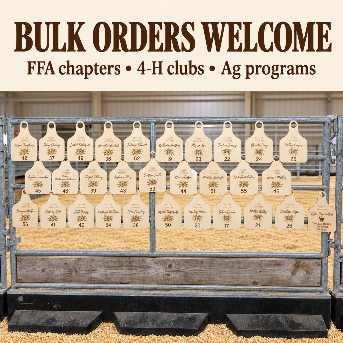Bulk orders welcome for FFA chapters, 4-H clubs and Ag programs, with a group of personalized birch livestock pen signs