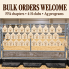 Bulk orders welcome for FFA chapters, 4-H clubs and Ag programs, with a group of personalized birch livestock pen signs