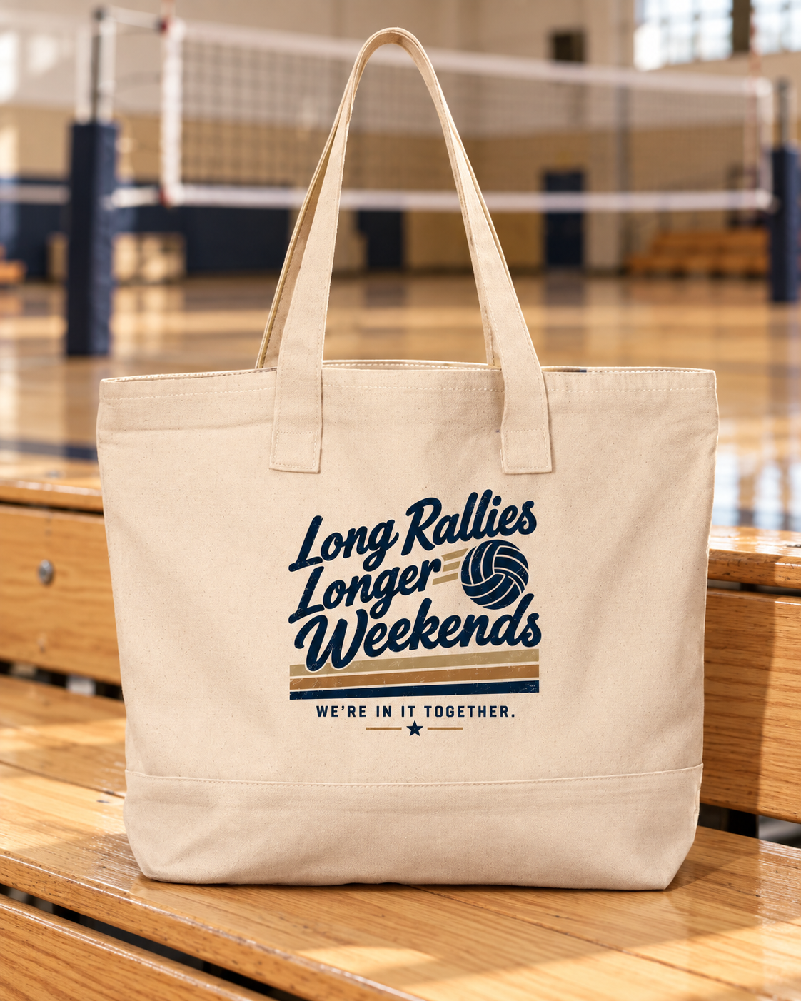 Long Rallies • Longer Weekends Tournament Tote shown in a natural volleyball setting