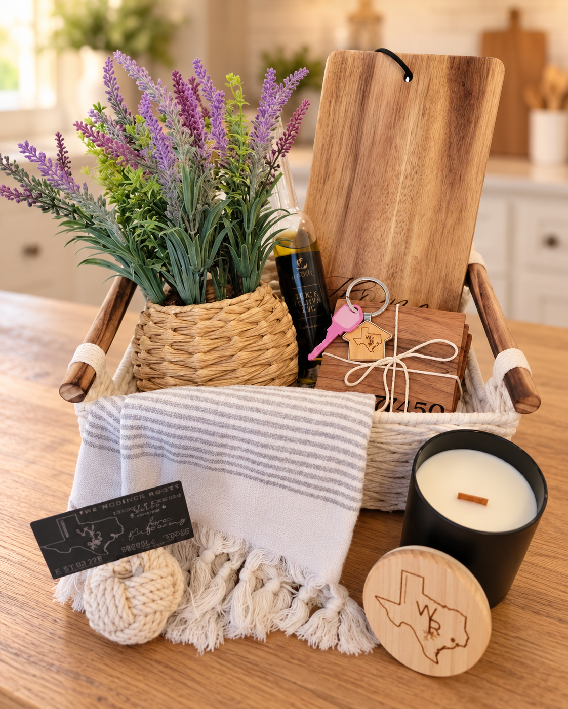 Personalized Realtor Closing Gift Basket | New Homeowner Gift in a warm naturally lit setting