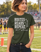 Routes / Reads / Repeat Flag Football Tee shown in a natural sports setting