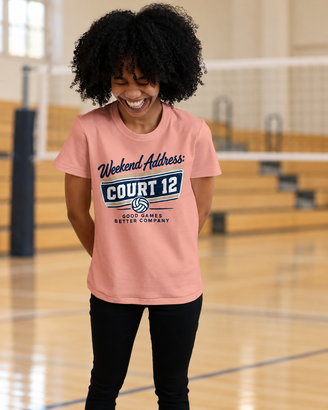 Weekend Address: Court 12 Vintage Volleyball Tee shown in a natural volleyball setting