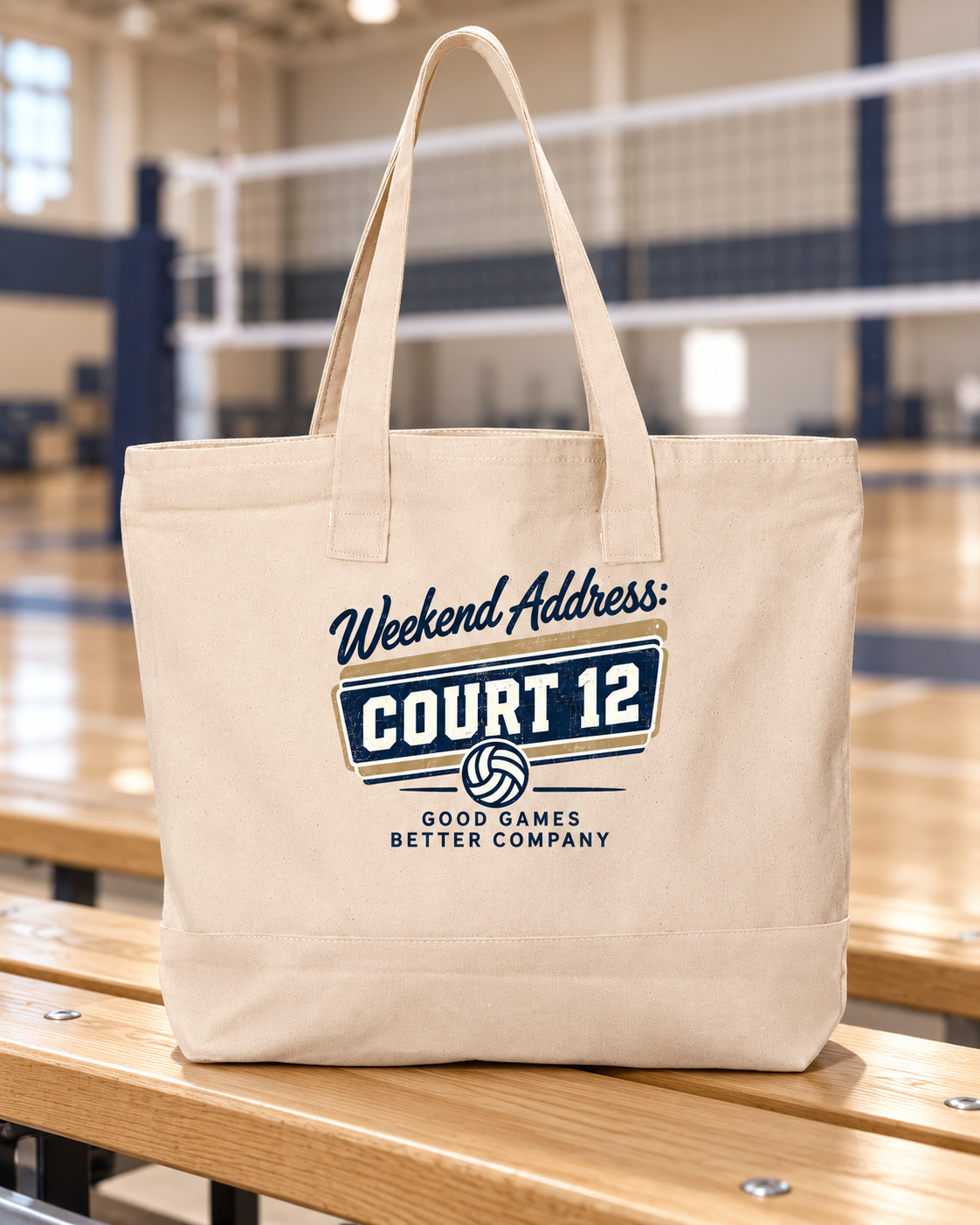 Weekend Address: Court 12 Tournament Tote shown in a natural volleyball setting