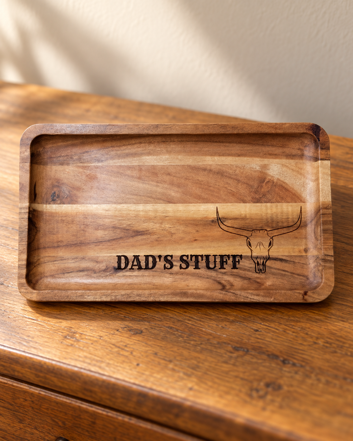 Personalized Wooden Valet Tray in a warm naturally lit setting